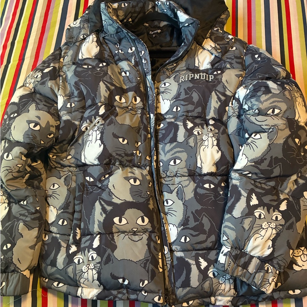 Ripndip Kids Cat Pattern Puffer Jacket - Black and Gray